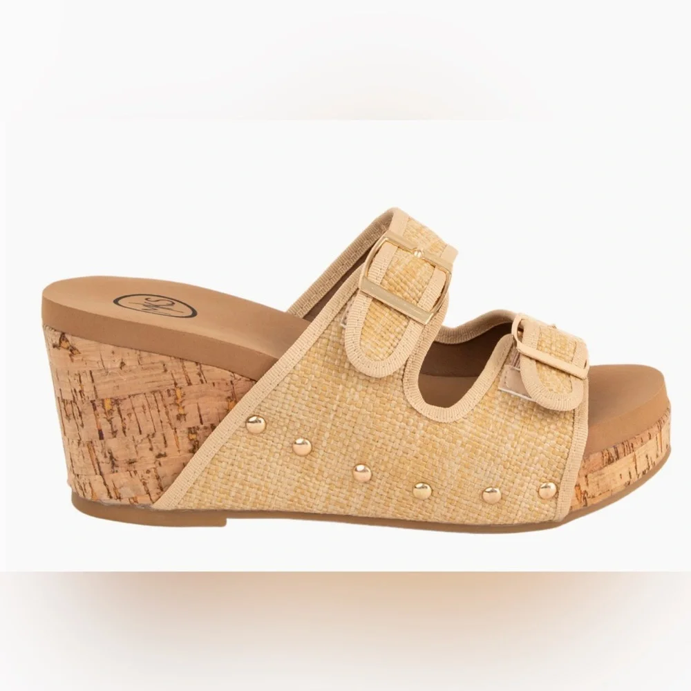New! Colombia Comfort Raffia Natural Woven Buckle Cork Platform Sandal 3” Wedge